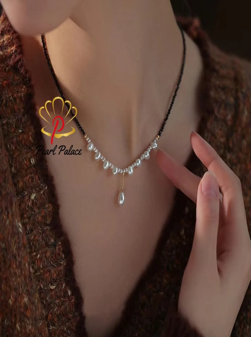New Arrival Elegant Black Spinel and Natural Freshwater Pearl Necklace for Women – 14K Gold Filled.