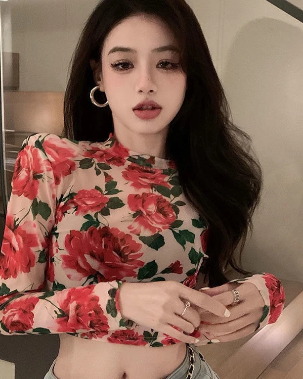 Rosalie Floral Sheer Mesh Long Sleeve Crop Top