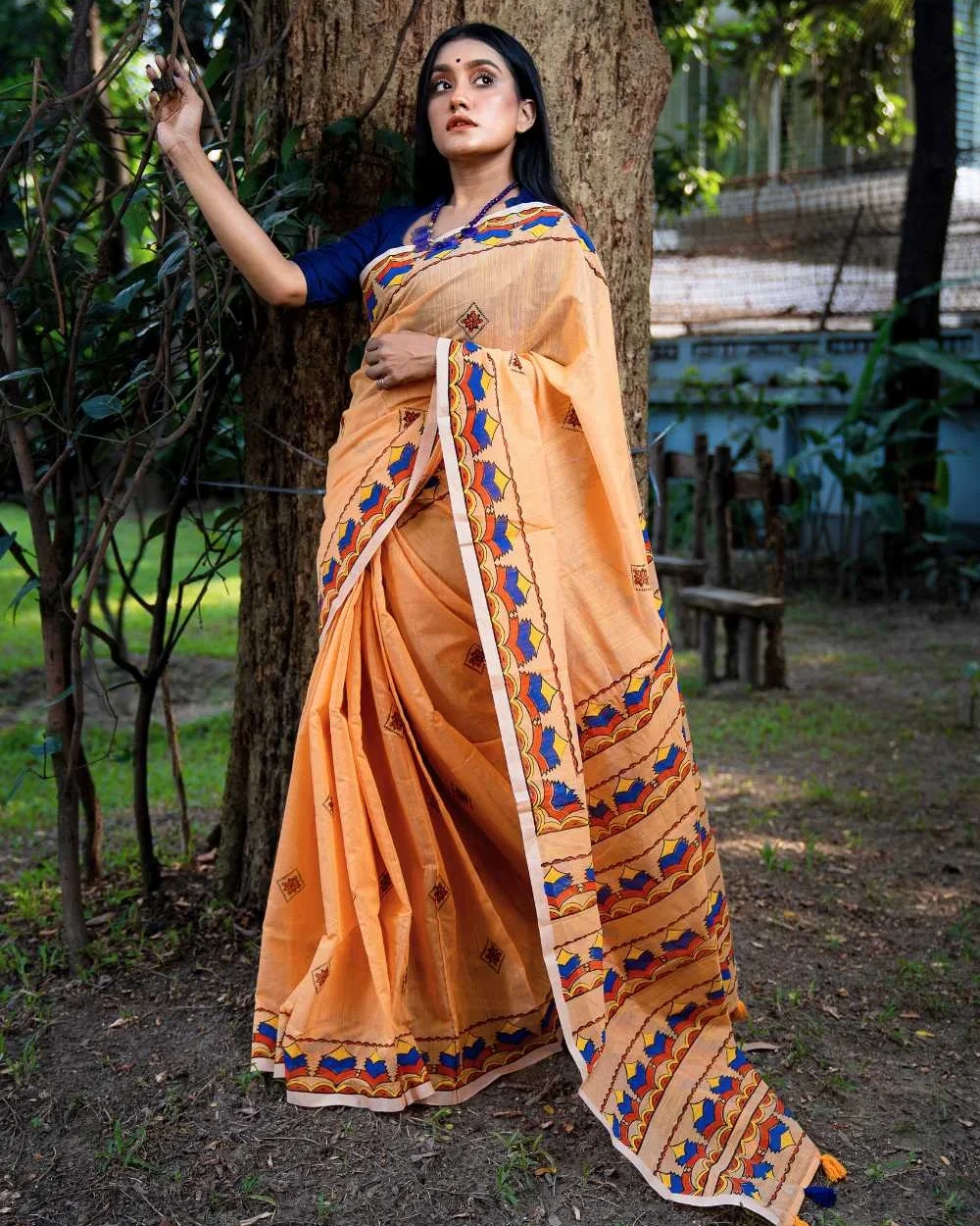 Light Orange with Floral Diamond Saree