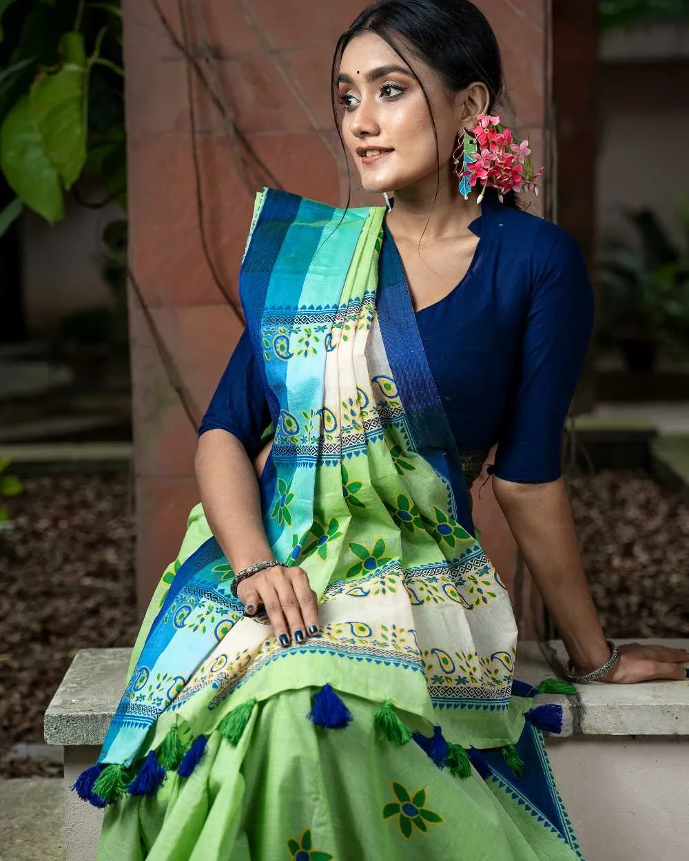 Lime Flower Blossom Saree