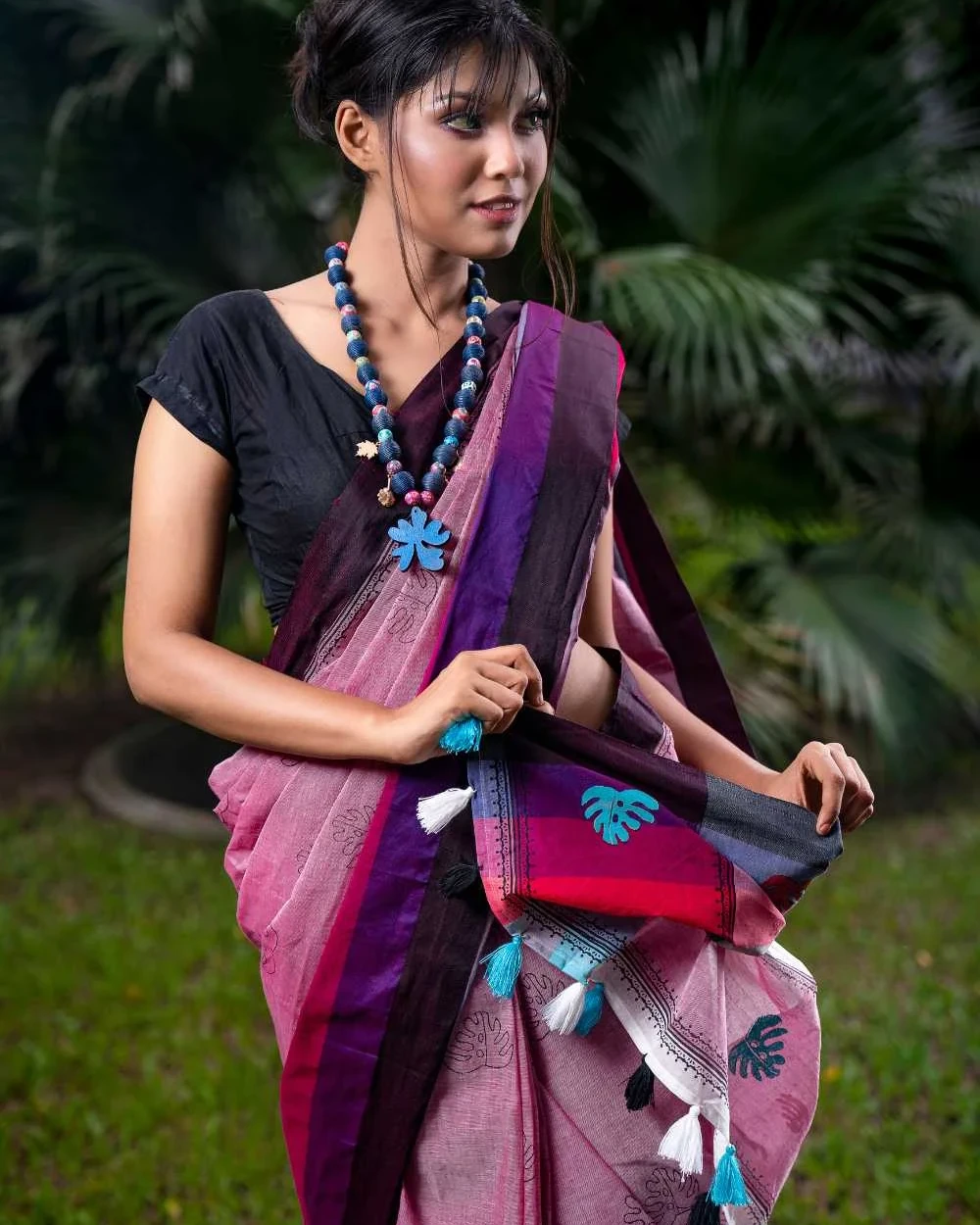 Blue Fern Leaf on Purple Saree