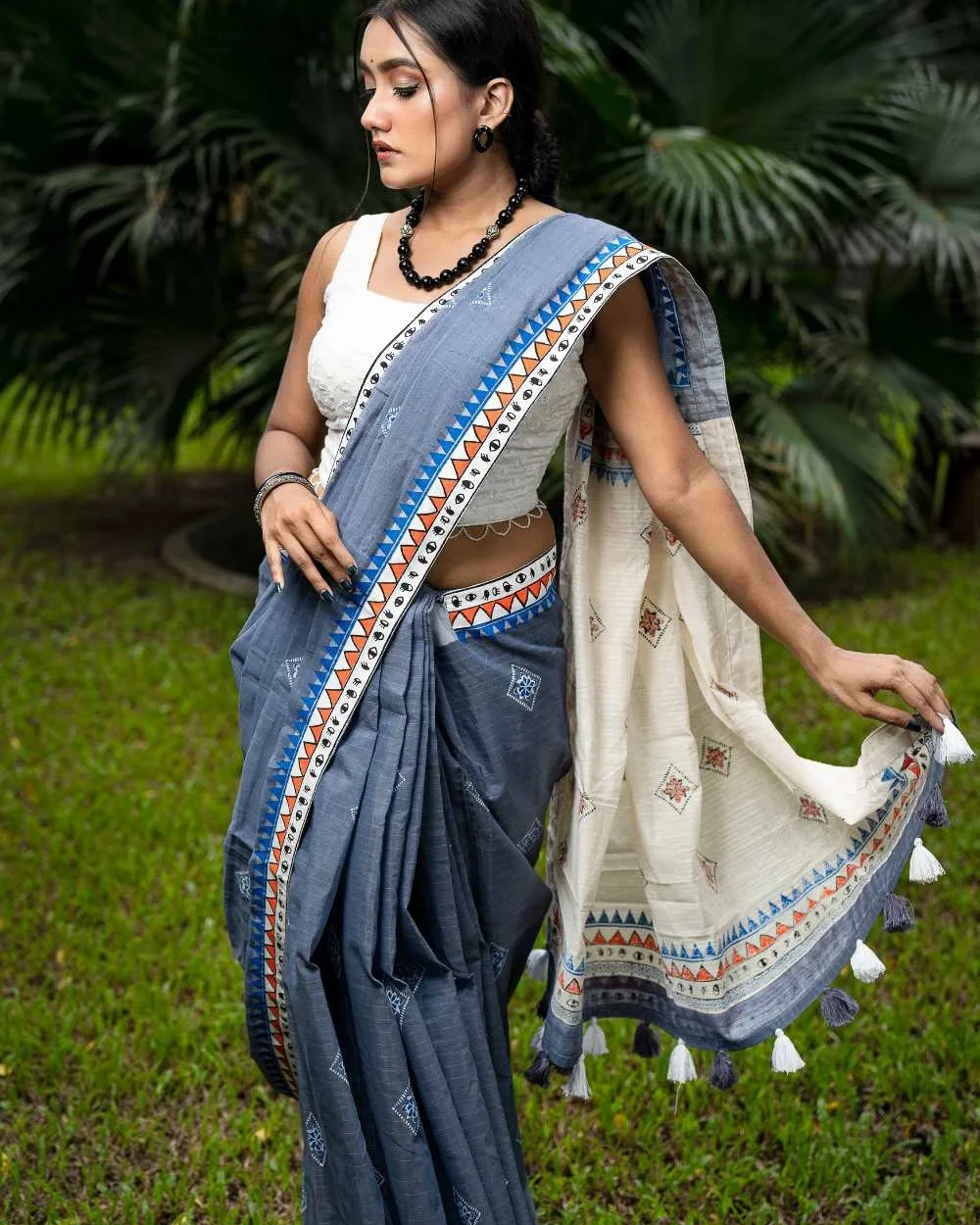 Light Gray with floral Dimond Saree