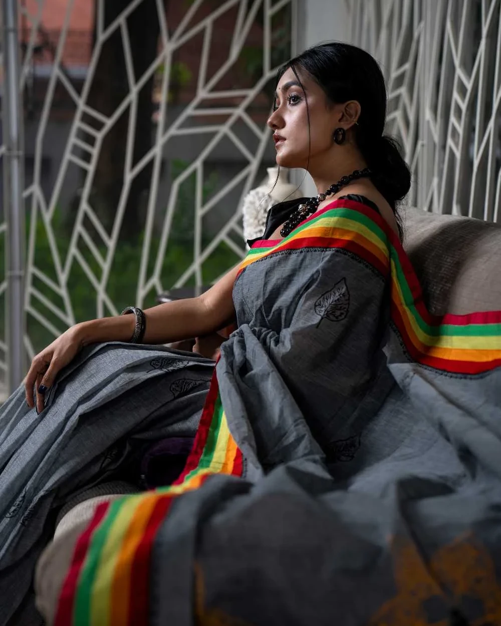 Black on Gray Leaf Saree
