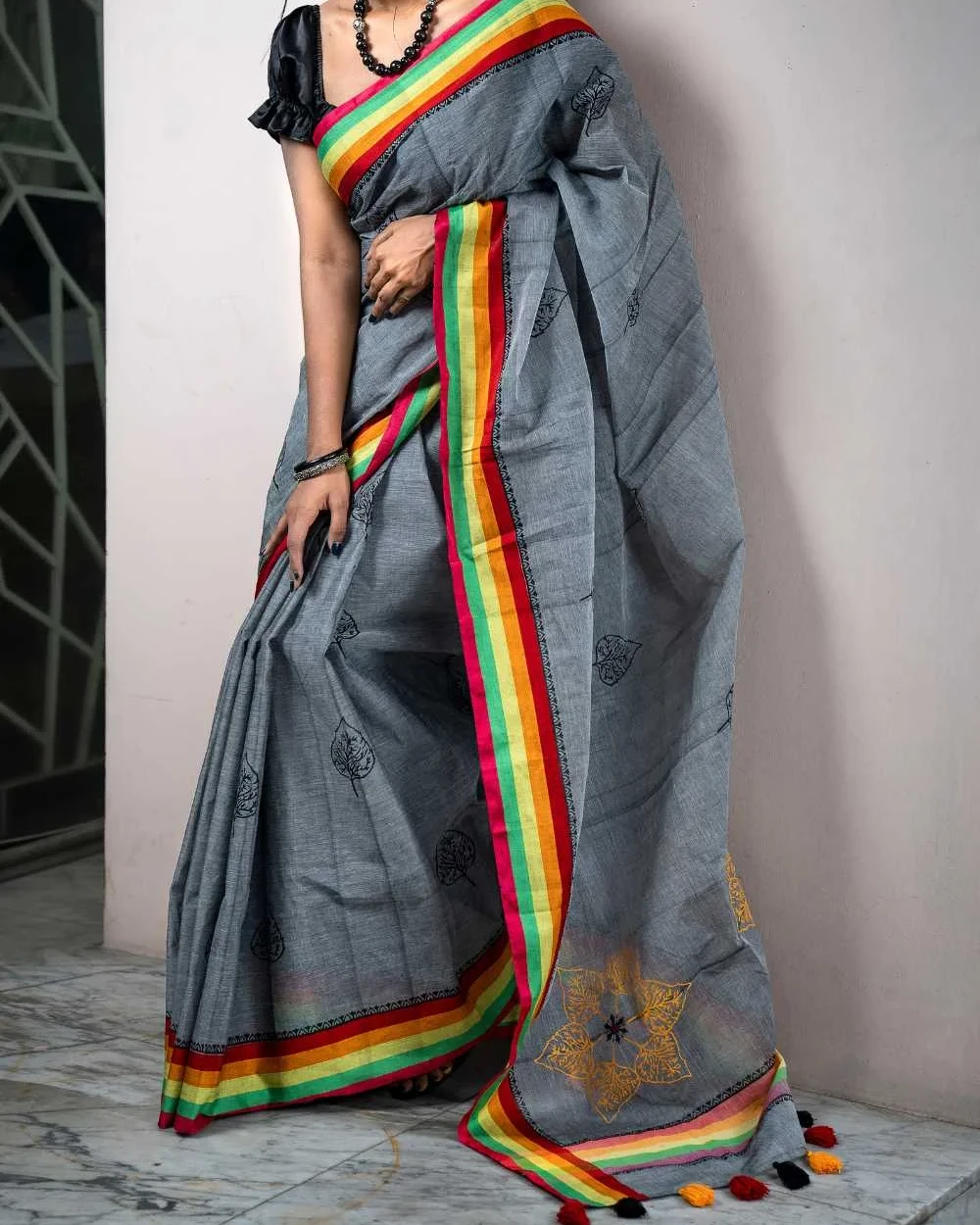 Black on Gray Leaf Saree