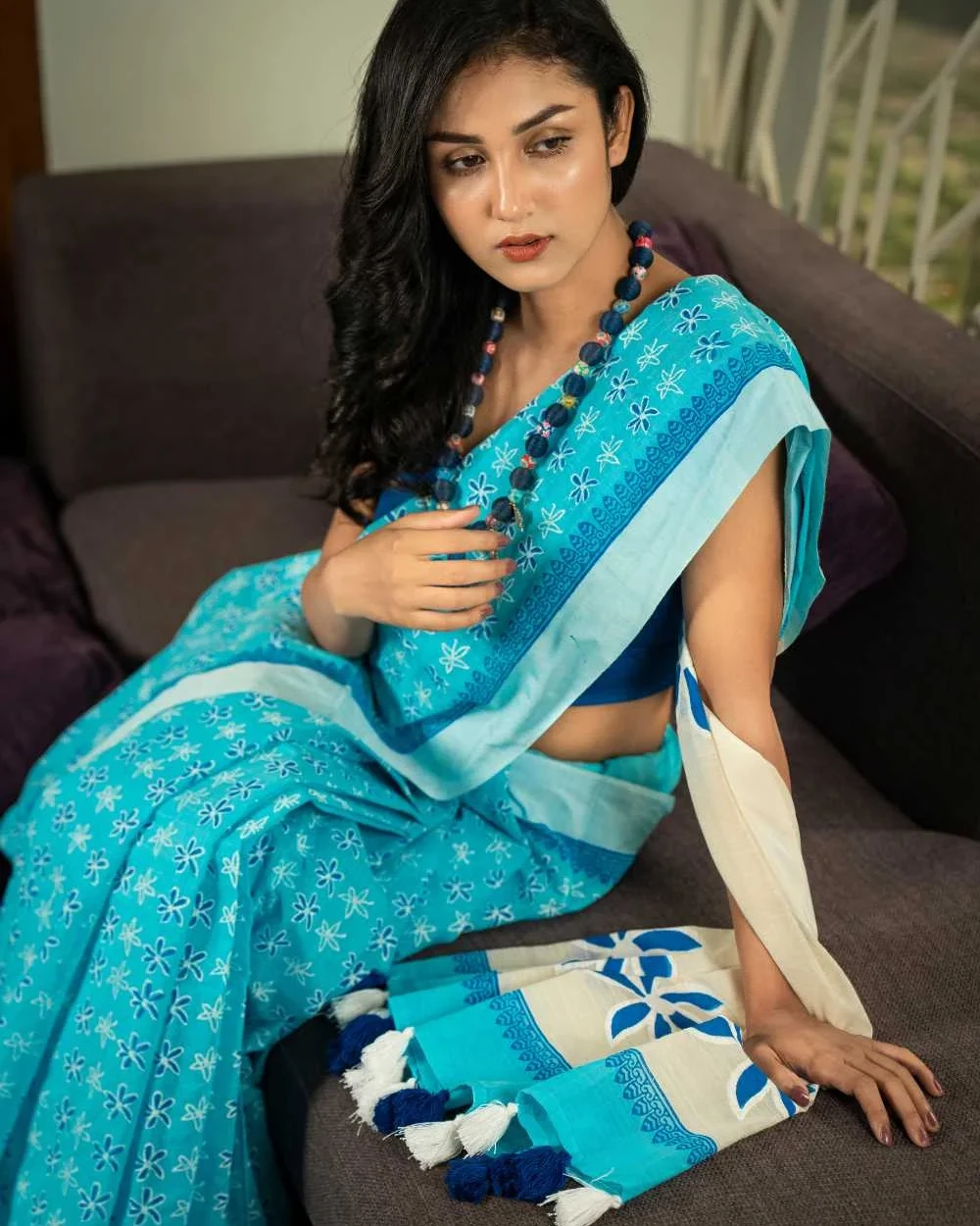 Ocean Blue Flower Blossom Saree