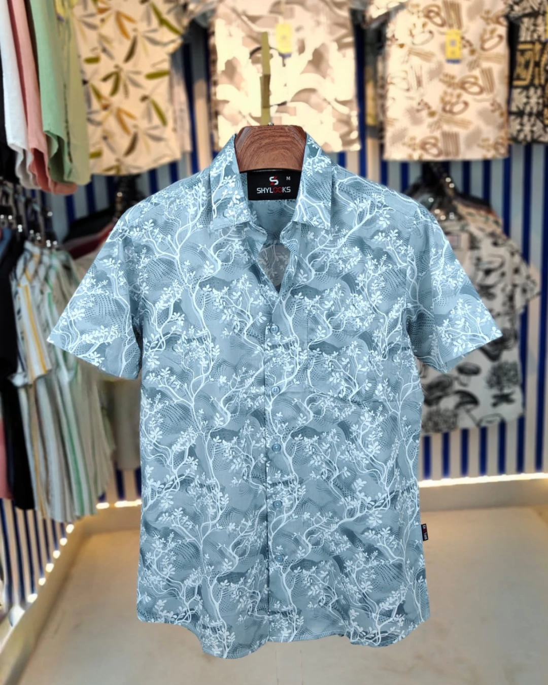 Mist Grey Floral Canopy Pure Cotton Half-Sleeve Shirt