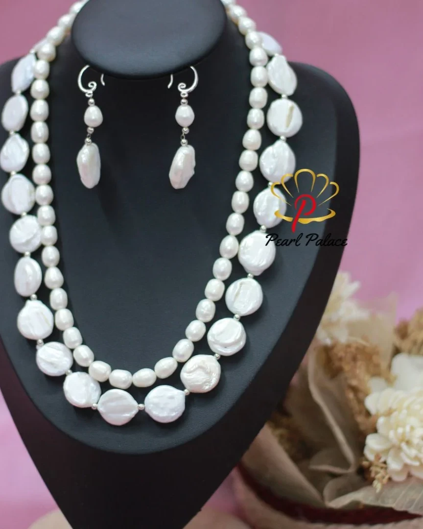 Elegant White Rice & Coin Pearl Necklace Set