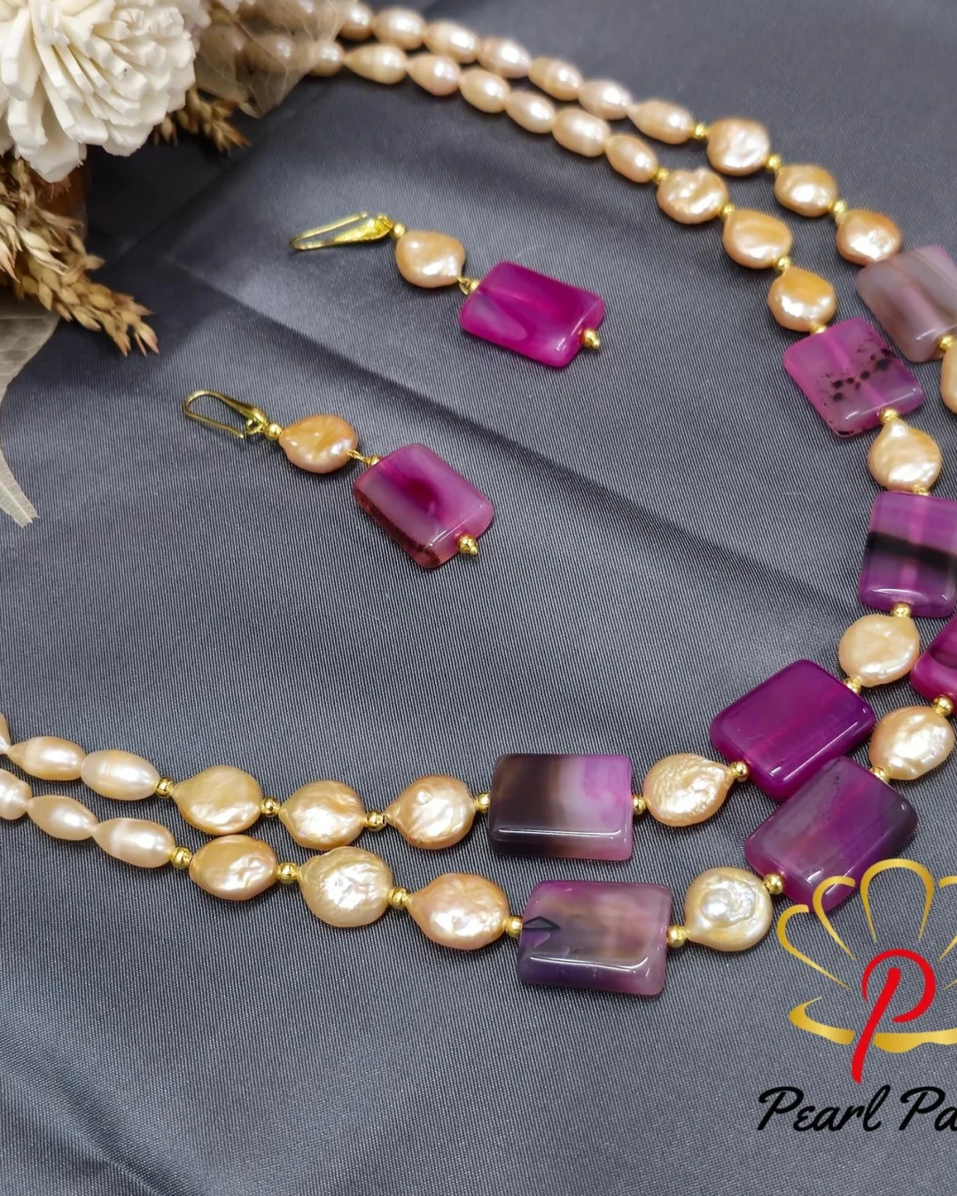 Rice pearl & coin pearl , Rubi stone 2 layer necklace with earring