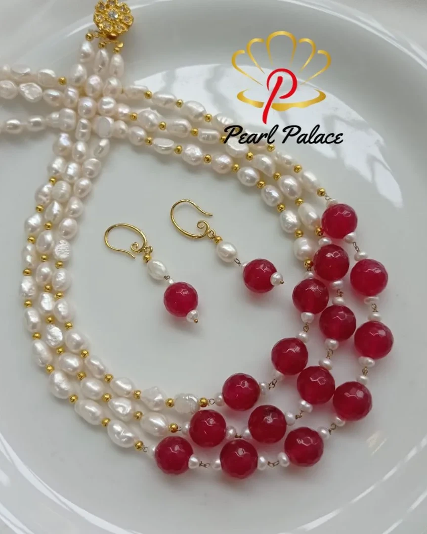 Fresh water baroque pearl & stone necklace 3 layer with pearl earrings