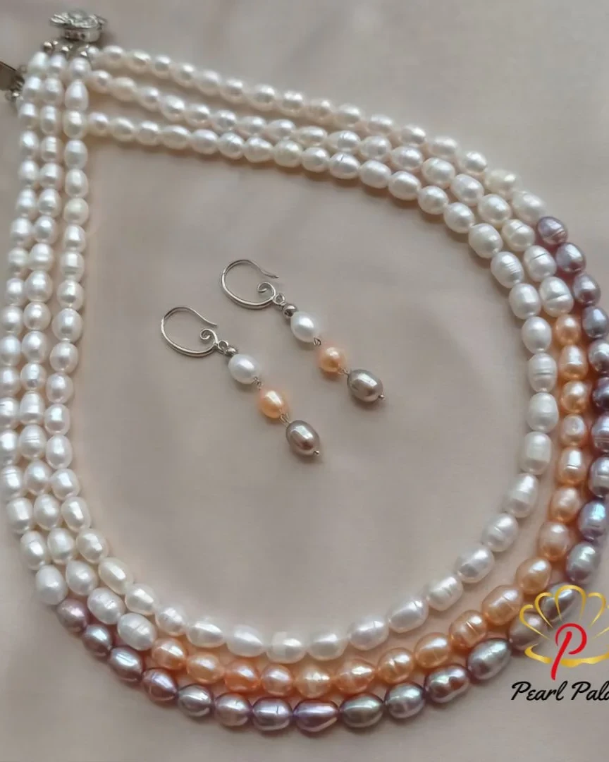 Freshwater Rice pearl 3layer Multi color necklace set