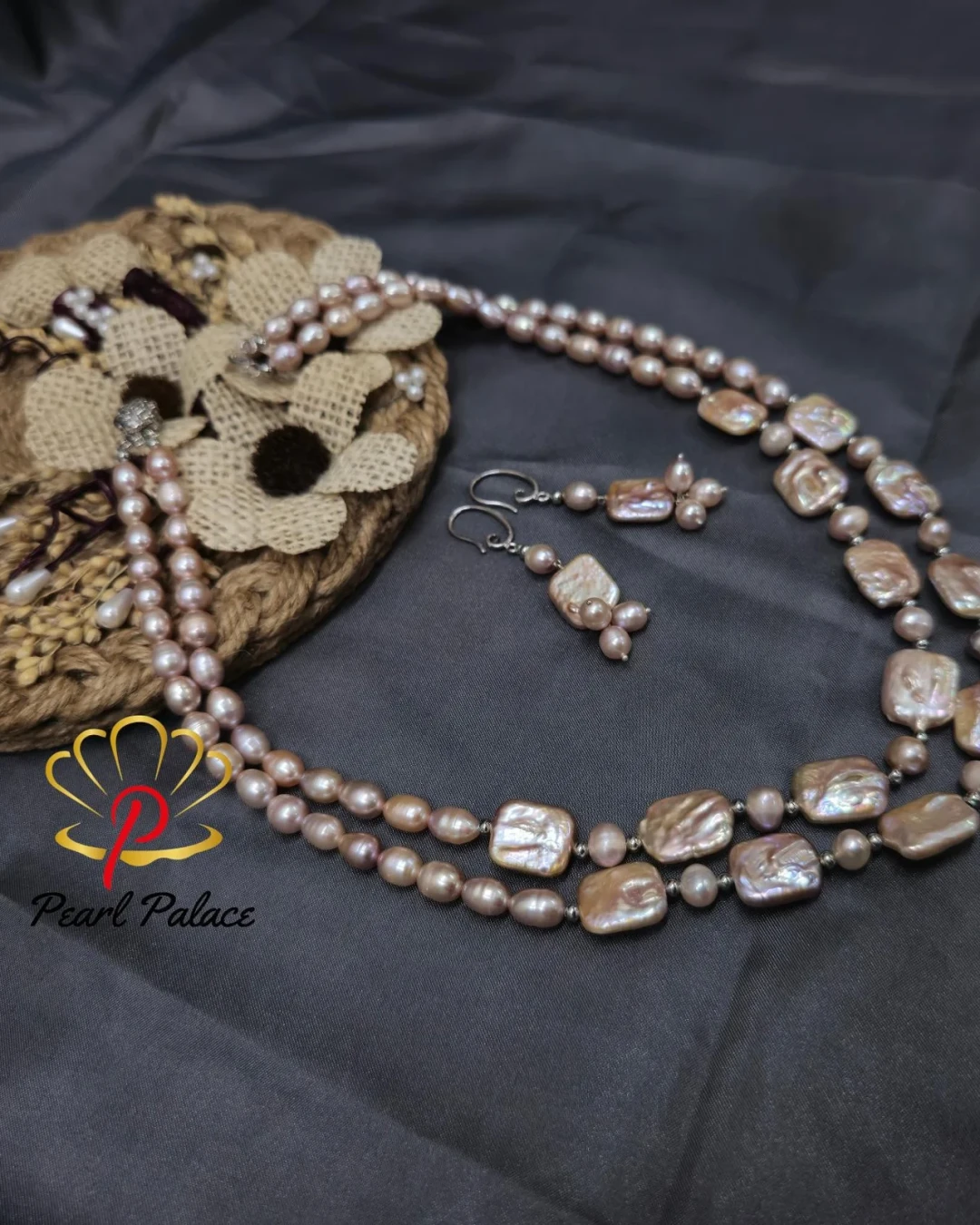 2layer Mother pearl & Rice pearl necklace with earring
