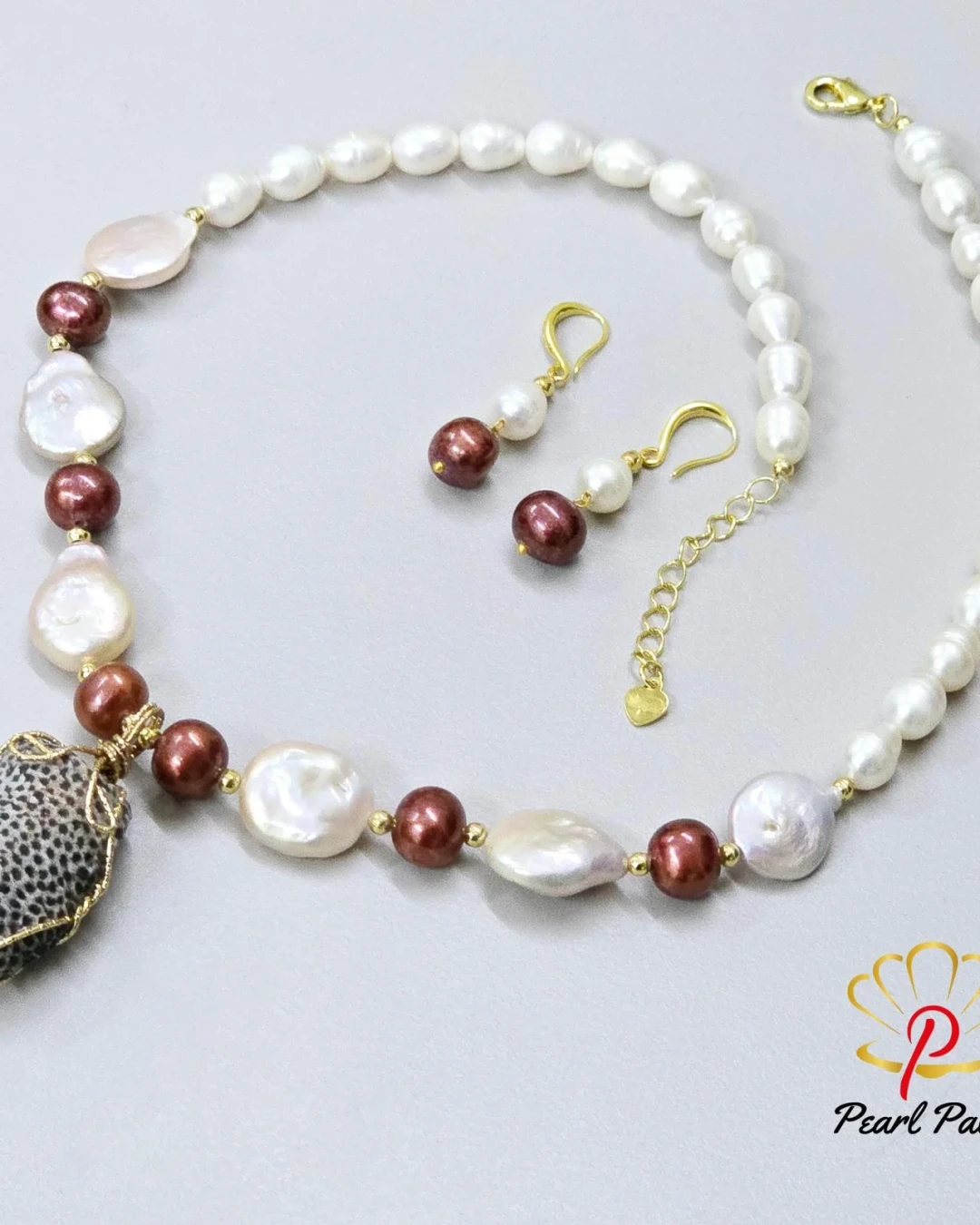 Rice pearl ,coin pearl, with coral seed stone pendant
