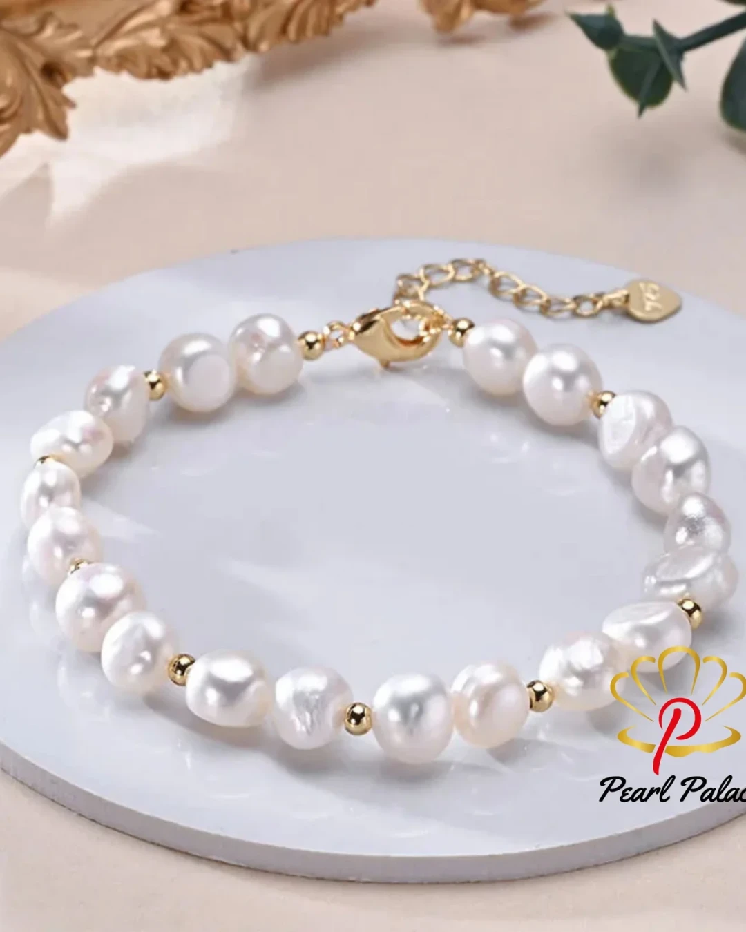 Freshwater 8-9mm White Pearl Baroque With Gold Bead Bracelet 925 Sterling Silver Jewelry