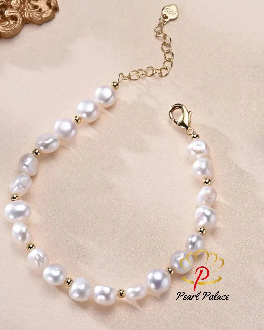 Freshwater 8-9mm White Pearl Baroque With Gold Bead Bracelet 925 Sterling Silver Jewelry