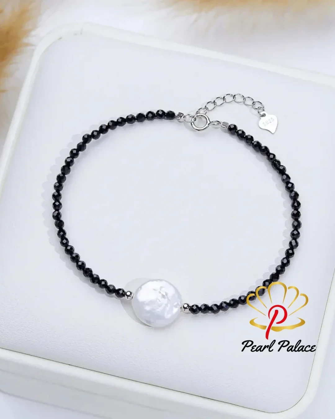 Big Baroque Freshwater Pearl Bracelet for Women Black Crystal Stone 16cm 925 Sterling Silver Bracelet