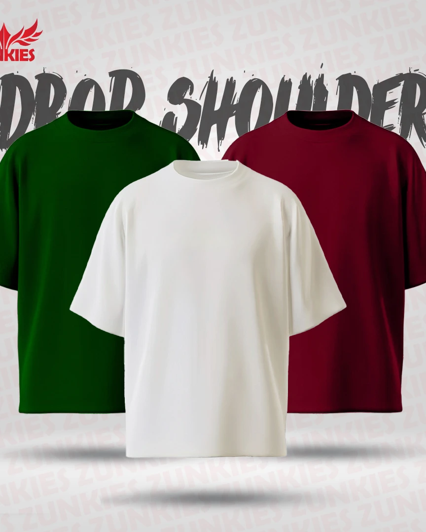 3 Color Combo (White, Maroon & Green) - Zunkies Oversized Drop Shoulder T-shirt