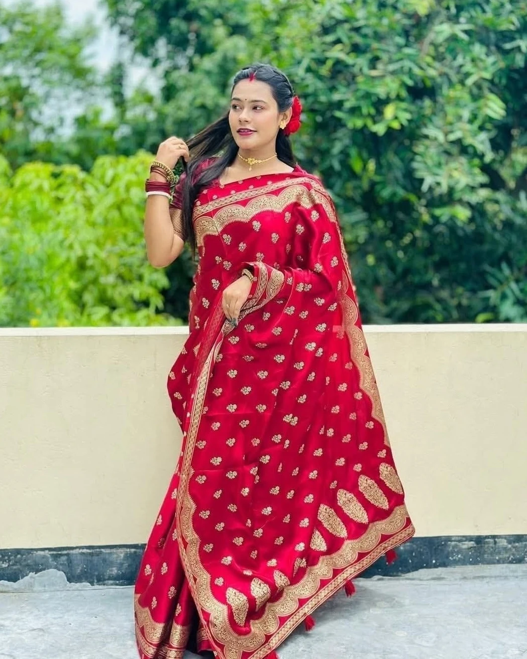 Ruby Red Scalloped Banarasi Saree