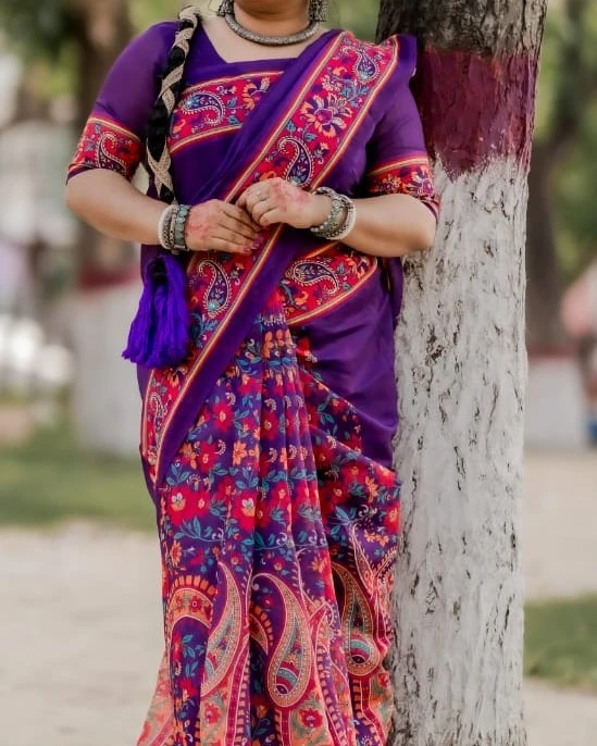Royal Purple Tanduri Silk Skin-Print Saree