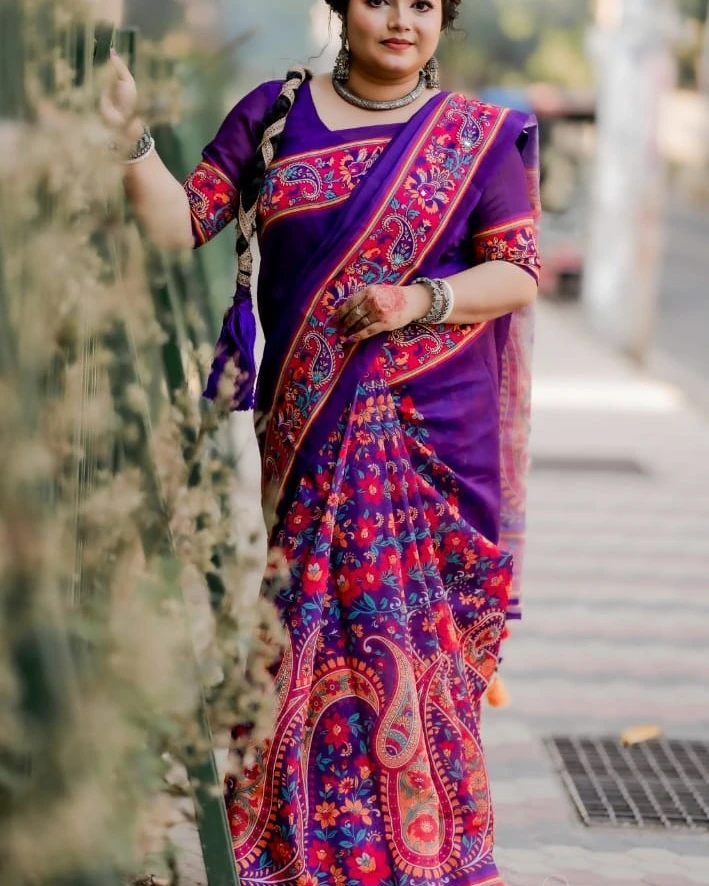 Royal Purple Tanduri Silk Skin-Print Saree