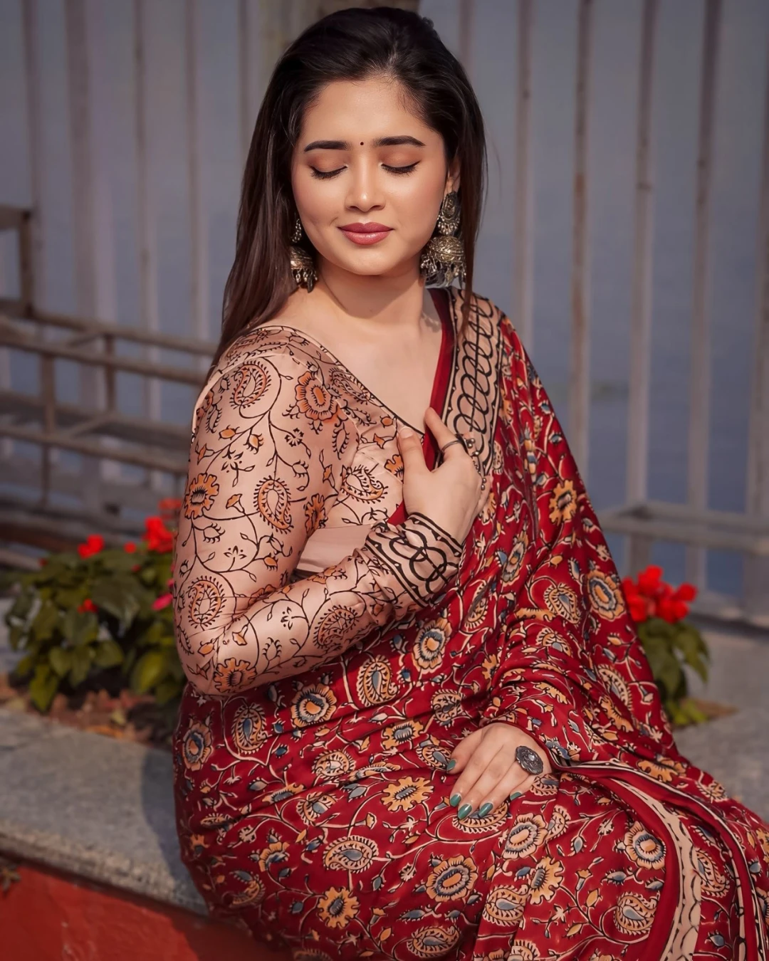 Deep Maroon Tanduri Silk Skin-Print Saree
