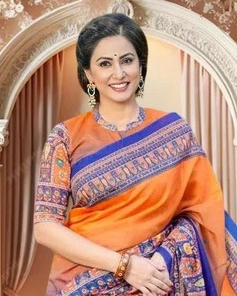 Sunset Orange & Cobalt Blue Tanduri Silk Skin-Print Saree