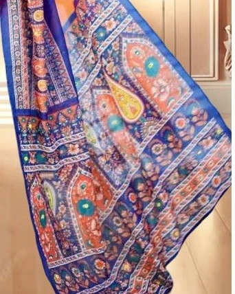 Sunset Orange & Cobalt Blue Tanduri Silk Skin-Print Saree