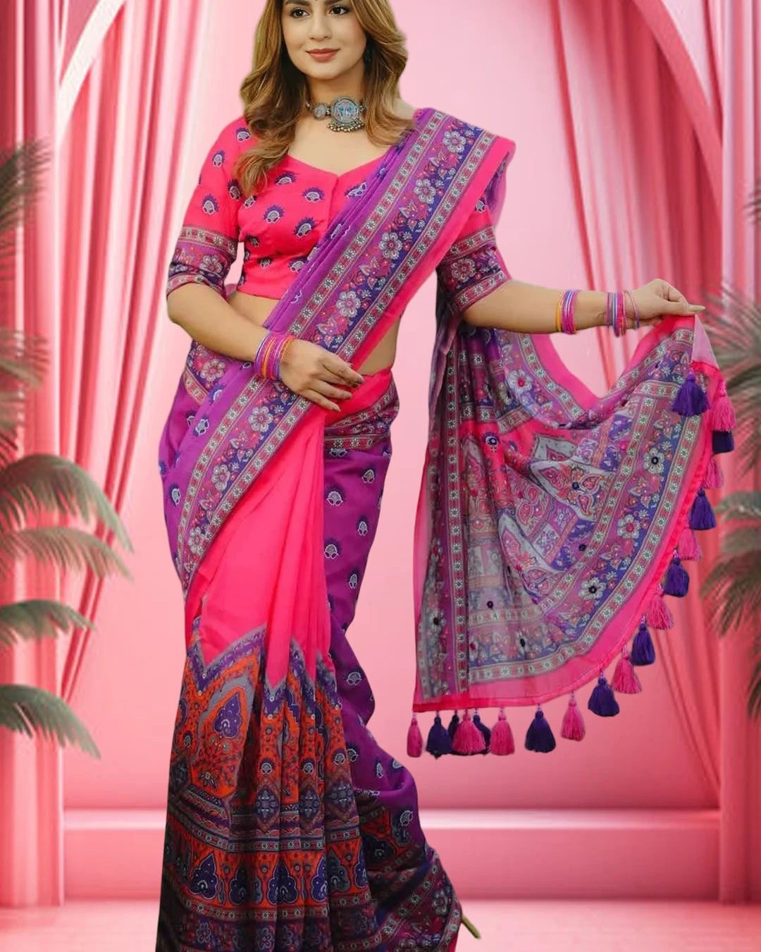 Vibrant Magenta & Purple Tanduri Silk Skin-Print Saree
