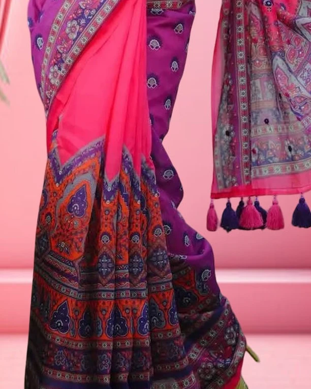 Vibrant Magenta & Purple Tanduri Silk Skin-Print Saree