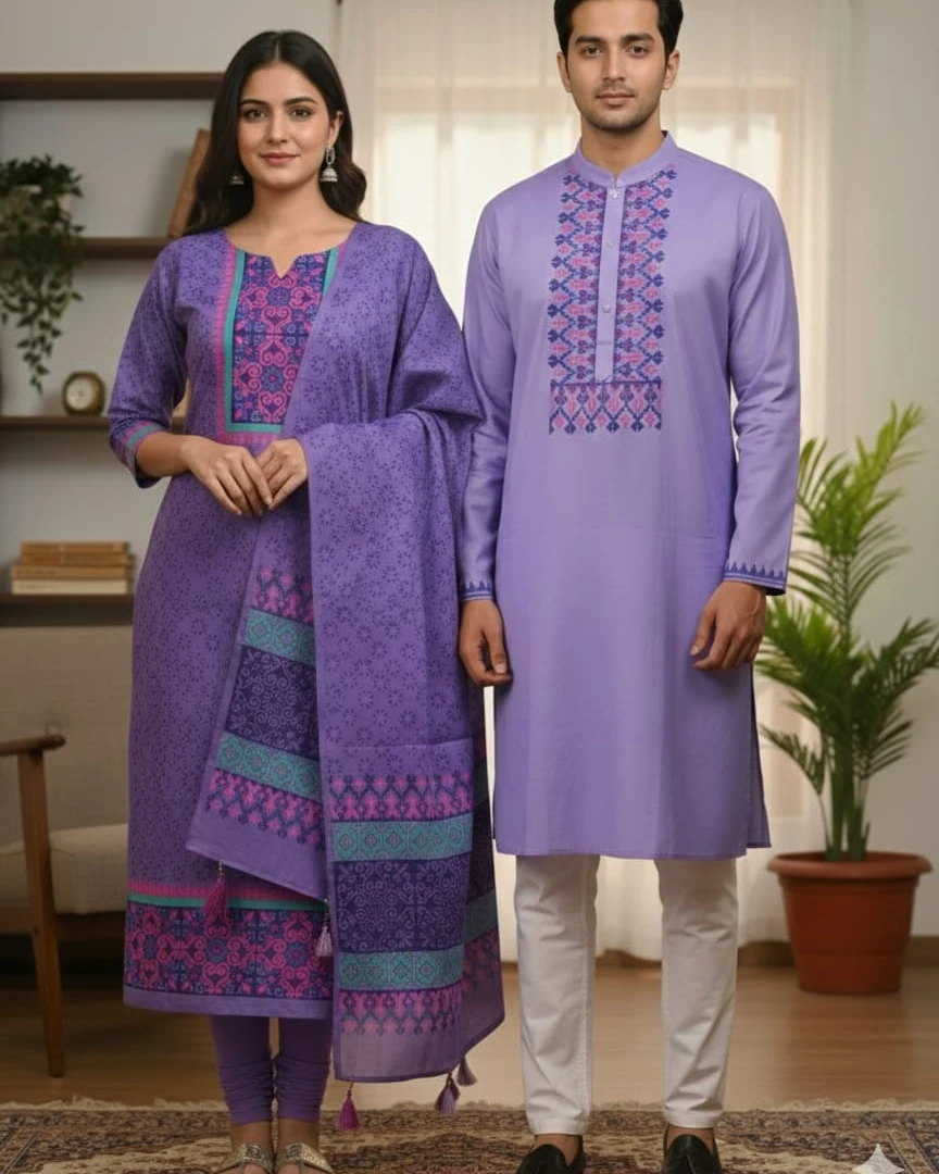 Lavender Bloom Embroidered Couple Set