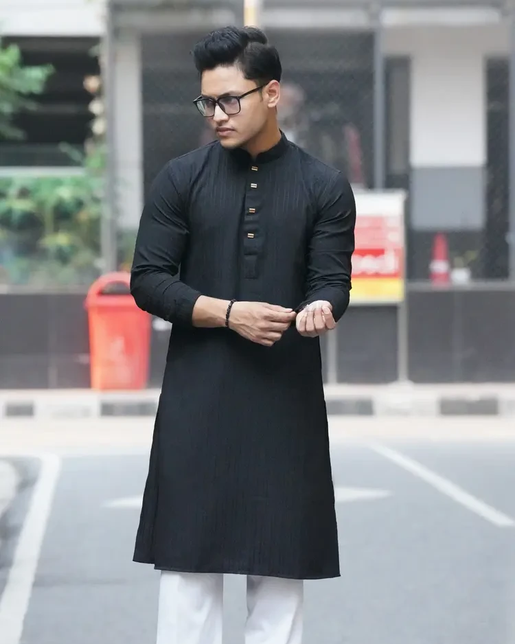 Chinese Popcorn Cotton Panjabi (Black)