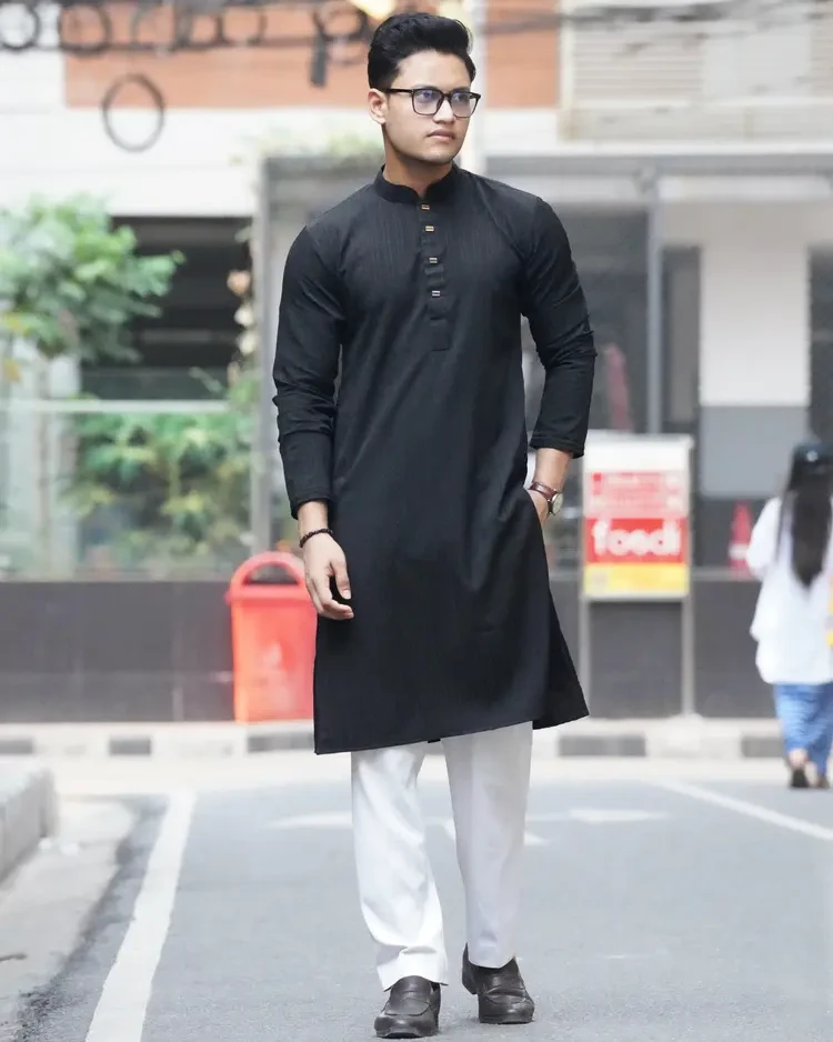 Chinese Popcorn Cotton Panjabi (Black)