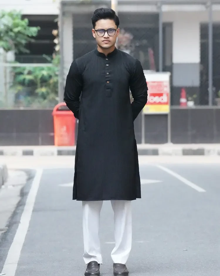 Chinese Popcorn Cotton Panjabi (Black)
