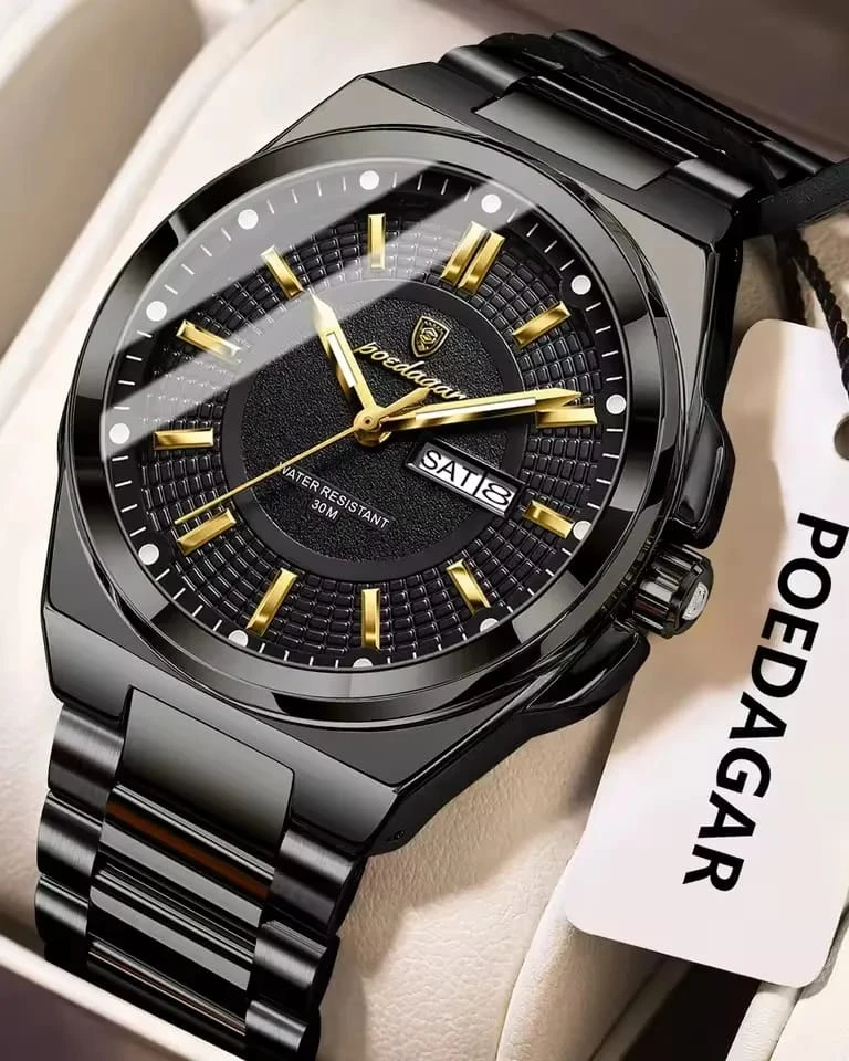 Poedagar Onyx Elite – Men’s Stealth Black & Gold Luxury Watch