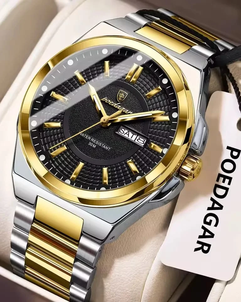 Poedagar Onyx Elite – Men’s Stealth Black & Gold Luxury Watch
