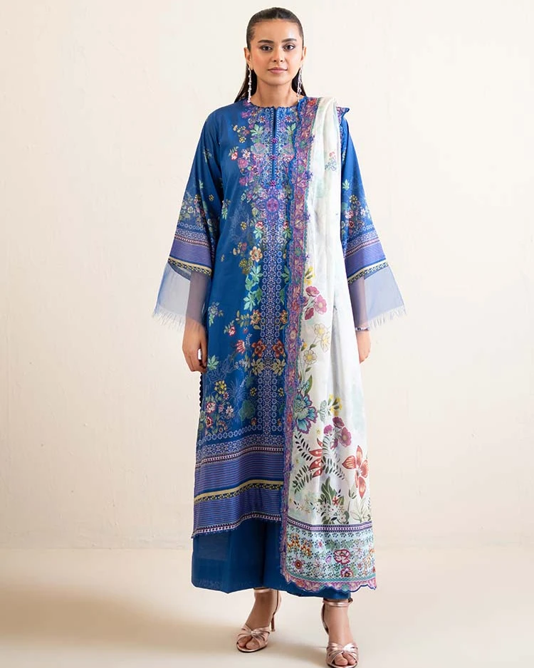 Pakistani Hania by Binaas Unstitched – Sapphire Floral Serenity