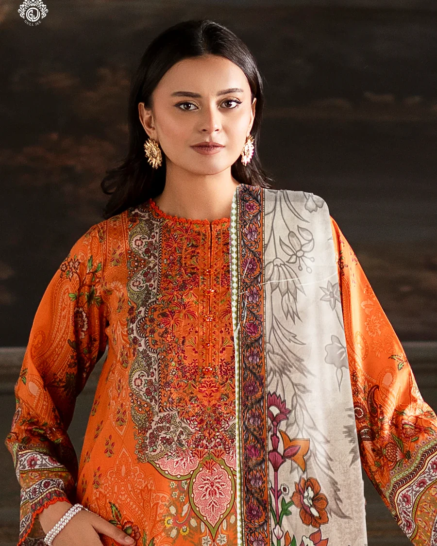 Pakistani Sorrel by Gull Jee Embroidered Unstitched 3 Piece Lawn– Burnt Orange Zest