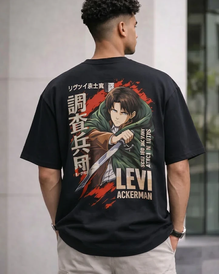 Levi Ackerman Attack Anime Drop Shoulder T-Shirt-Black