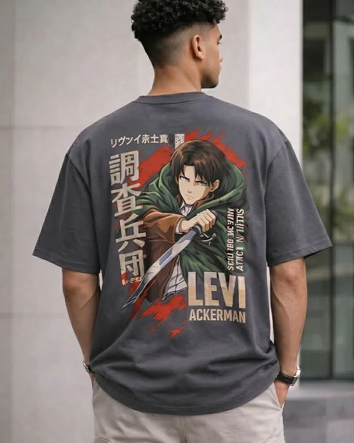 Levi Ackerman Attack Anime Drop Shoulder T-Shirt-Dull Gray
