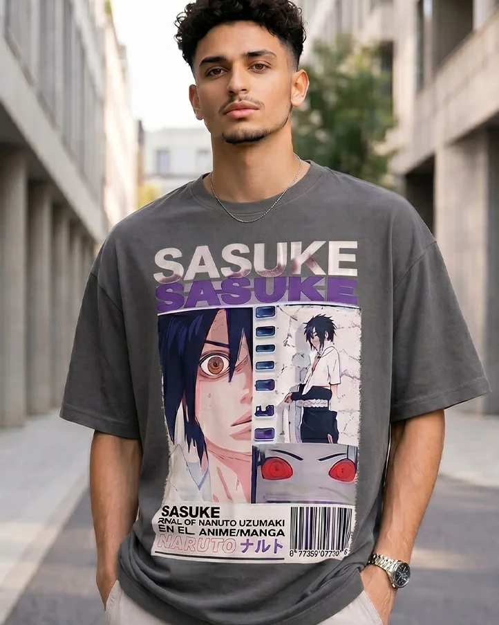Sasuke Anime Statement Drop Shoulder T-Shirt-Dull Gray