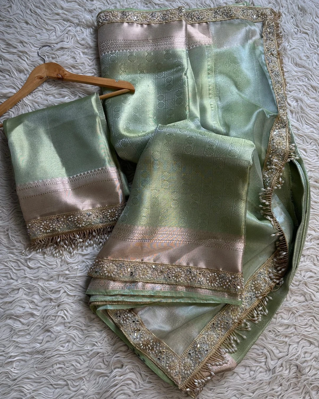 Pista Sage Heritage Tissue Banarasi Saree