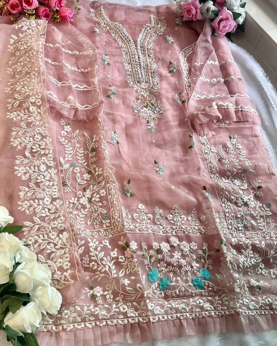 Dusty Rose Pearl Organza Unstitched Suite