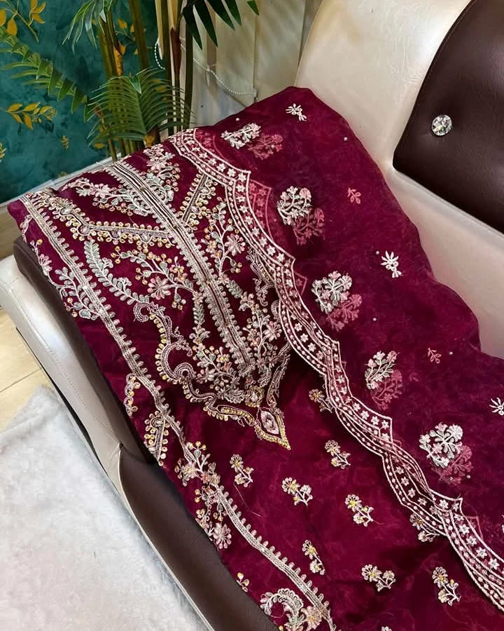 Imperial Wine Pearl Organza Unstitched Suite