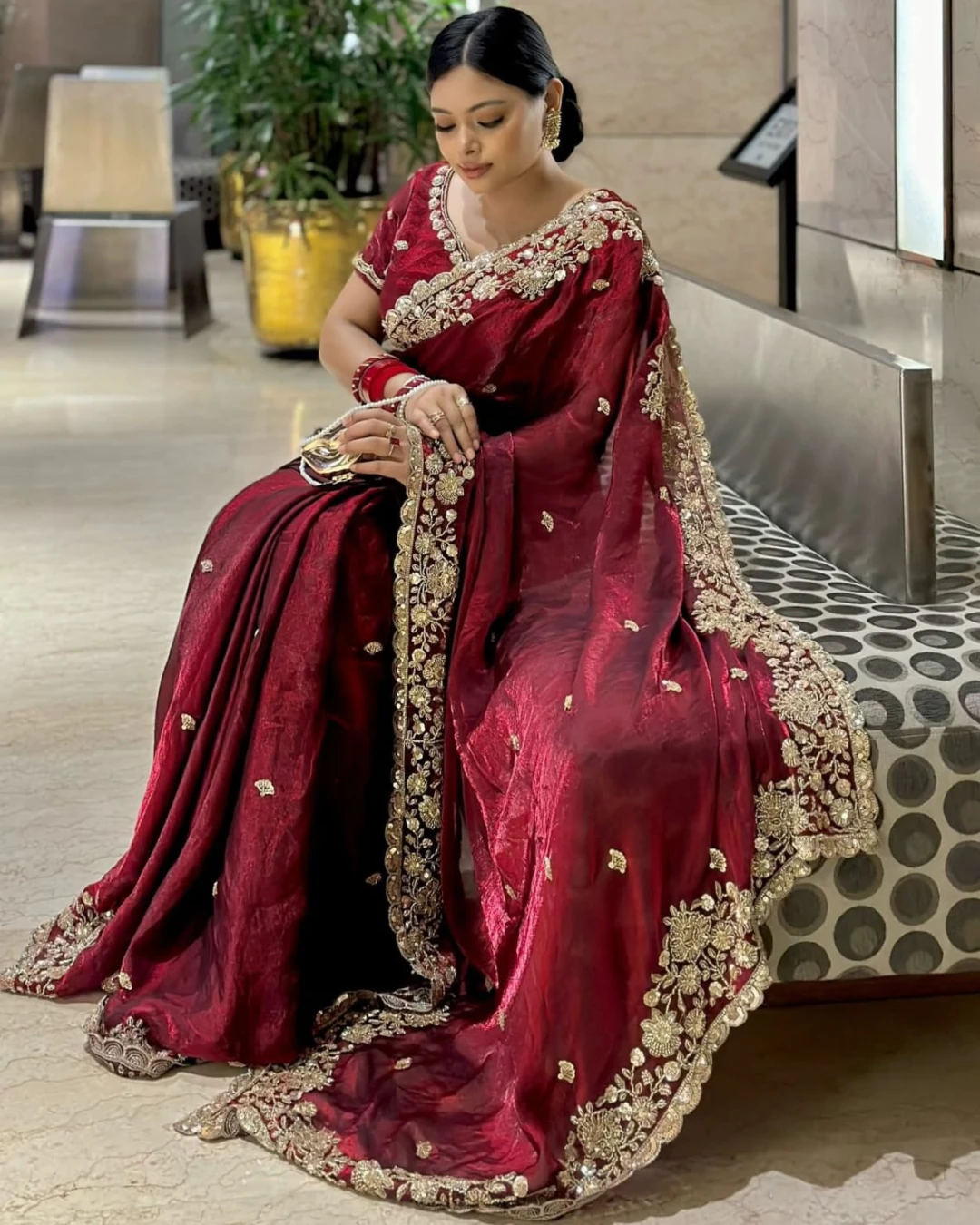 Regal Crimson Embroidered Silk Saree