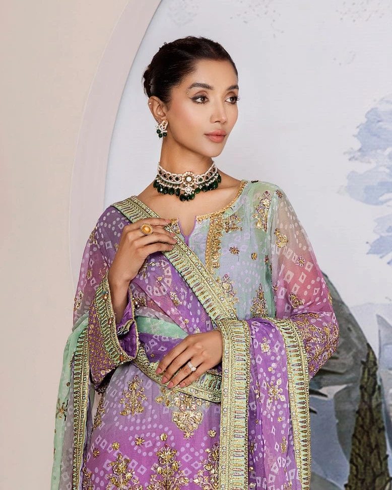 Lilac & Mint Hand-Embellished Chiffon Suite-Unstitched