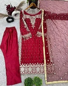 Crimson Satin Silk Embroidered Pant Set