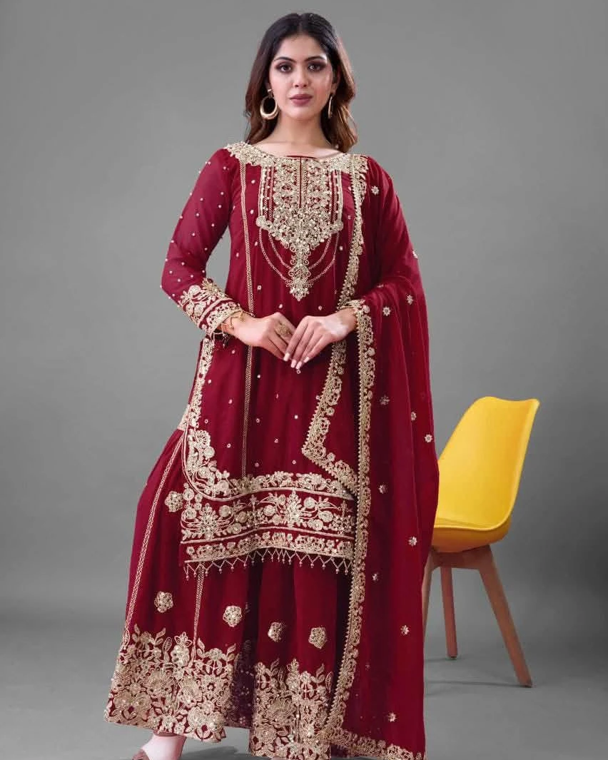 Maroon Gold Dori-Sequence Plazzo Suite