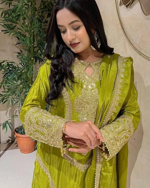 Imperial Chinon Silk Embroidery Salwar Kameez Set-Olive