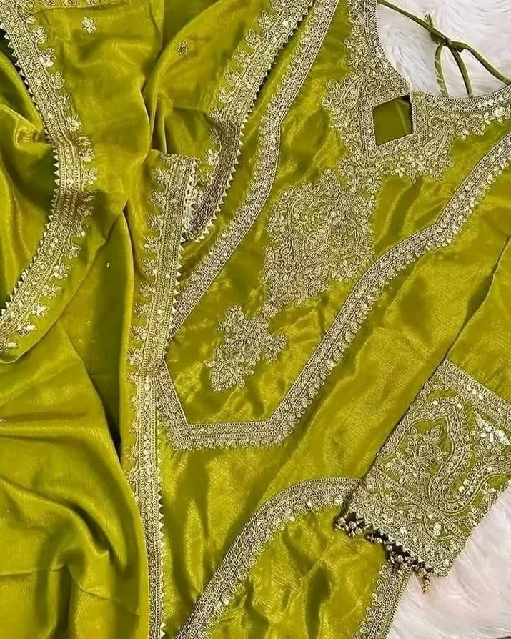 Imperial Chinon Silk Embroidery Salwar Kameez Set-Olive