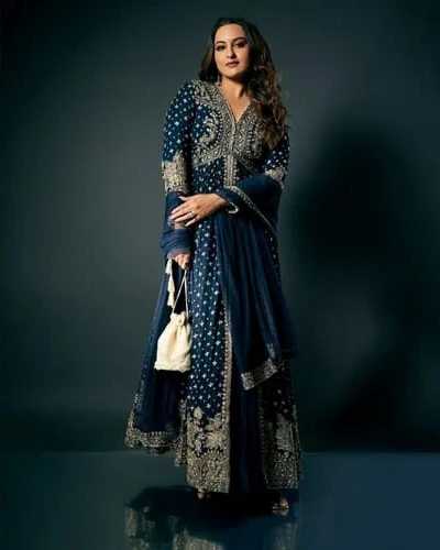 Midnight Navy Heavily Embroidered Gown & Lehenga Set