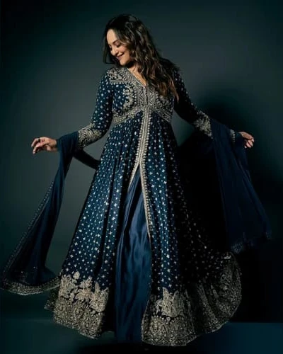 Midnight Navy Heavily Embroidered Gown & Lehenga Set
